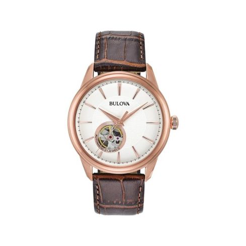 BULOVA Men's Automatic Rose Gold Plated Cream Skeleton Watch 97A133